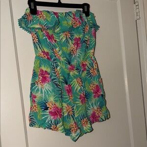 Tropical Floral Romper - Teal and Pink